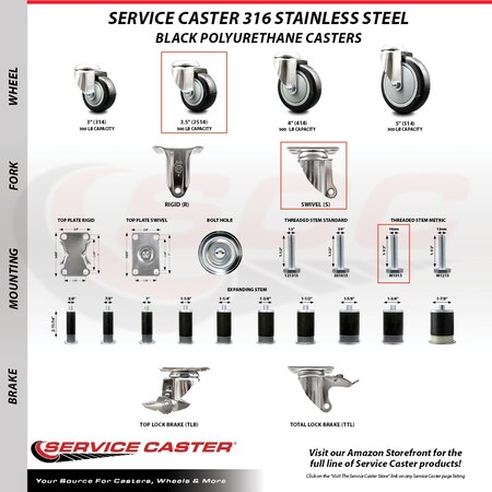 Service Caster 3.5 Inch 316SS Black Polyurethane 10mm Threaded Stem Caster Lock Brake, 2PK SS316TSTTL20S3514-PPUB-BLK-M1015-2S2